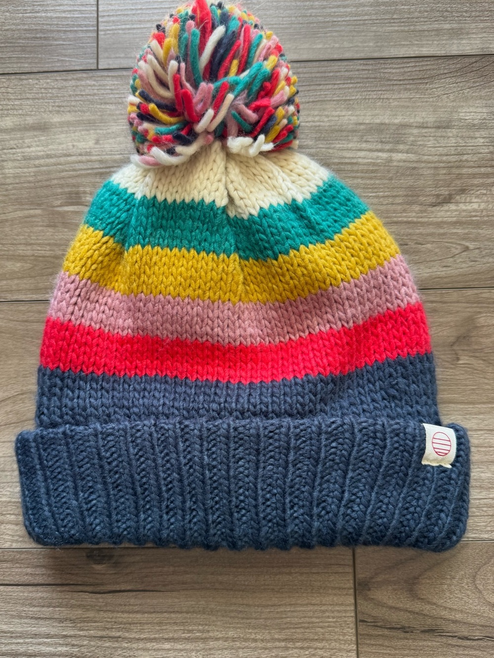 Marine Layer colorful striped knit hat with pom-pom fleece lined winter warm